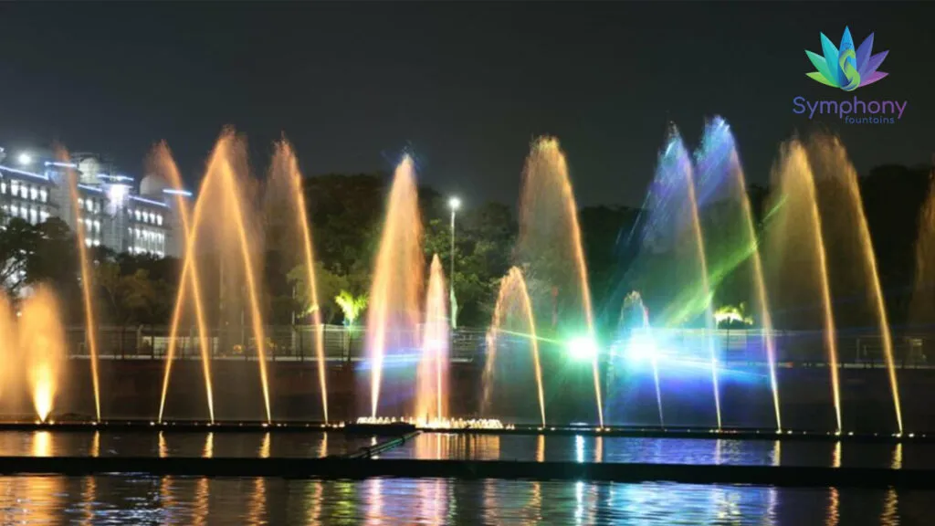 180m floating lake fountain installation at Hussain Sagar Lake, Hyderabad